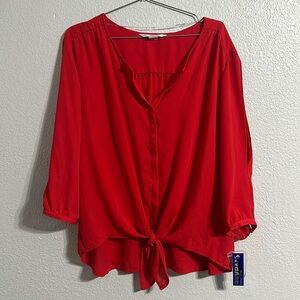 1625 NWT Peter Nygard Plus Red Open Sleeves Tie Front Blouse. Sz22W